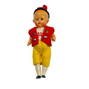 3" Doll With Red Vest Yellow Pants & Black Hat Painted Face Movable Arms & Legs